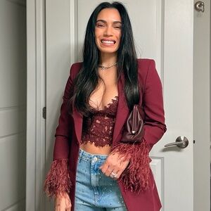 Zara Maroon Blazer with Feather Cuffs